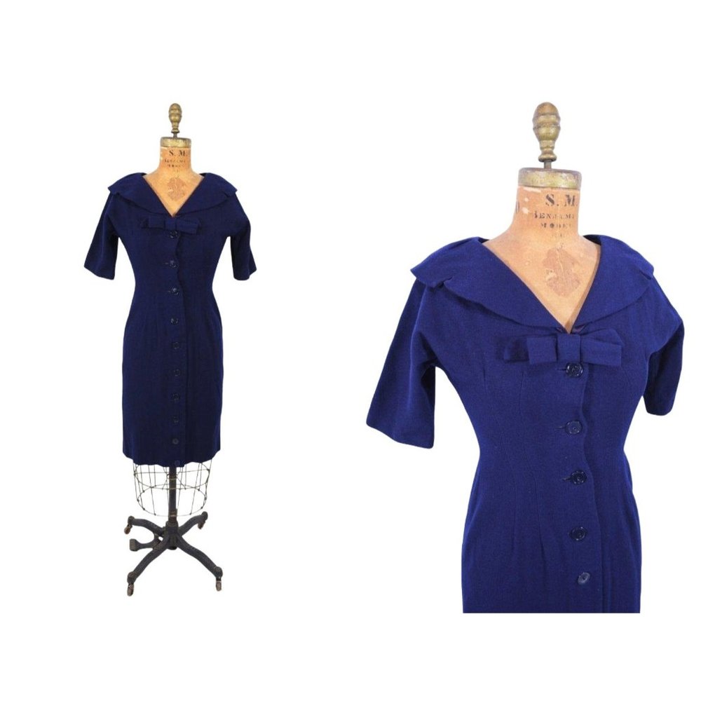 Vintage 1950s Wool Dress Navy Blue Fitted Button Down Sheath | W 26"